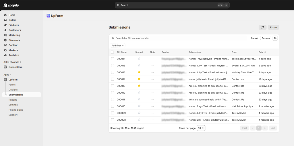 Submission list with columns and rows