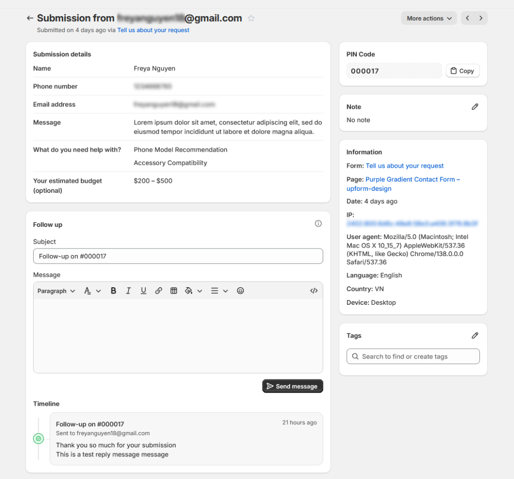 Submission details card with answers