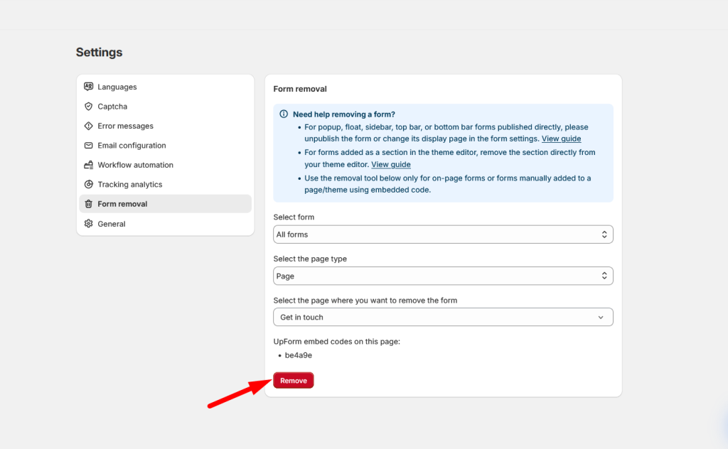 Confirm remove form embed dialog