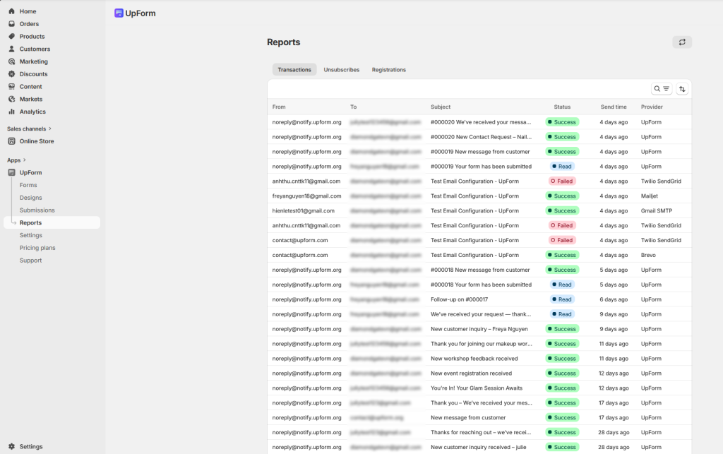 Reports transactions email activity list