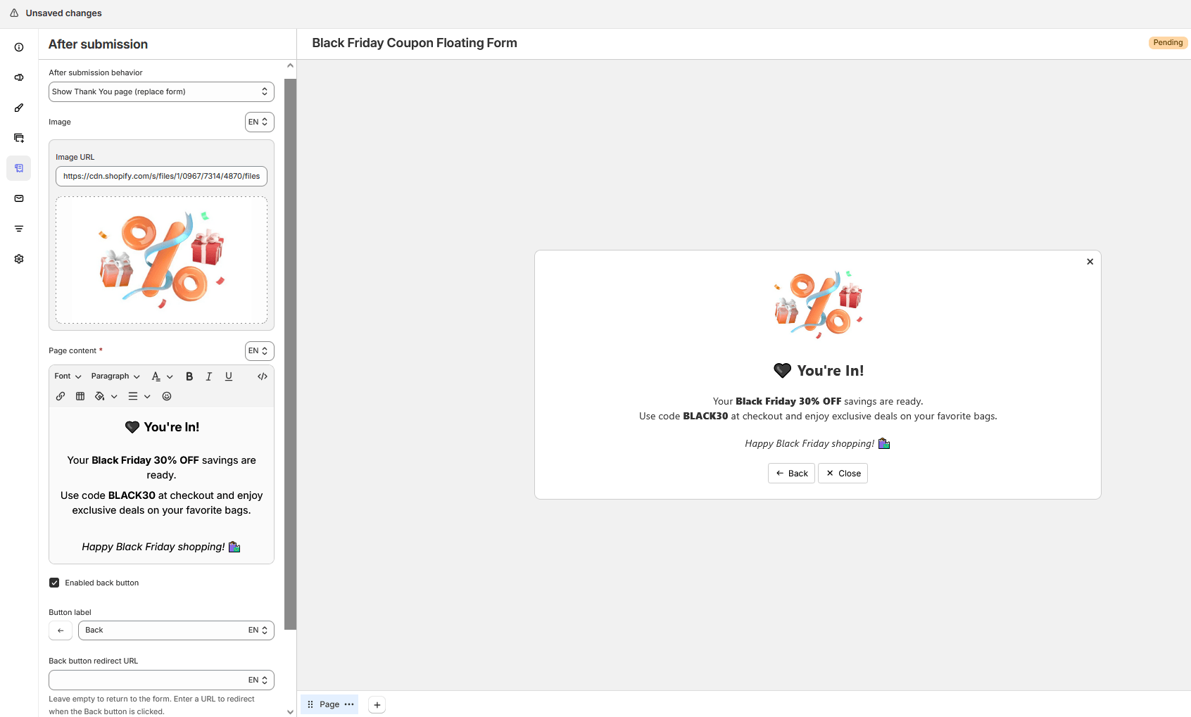 Thank you page content settings