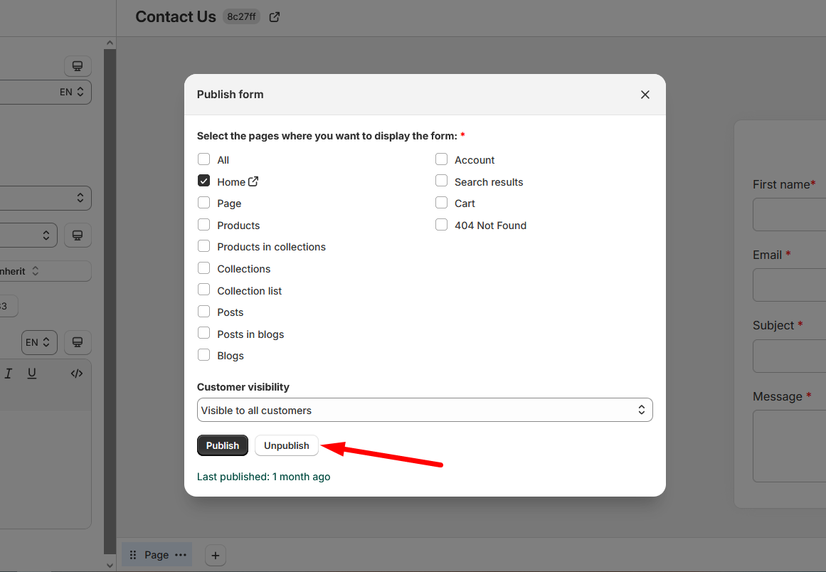 Unpublish form from storefront