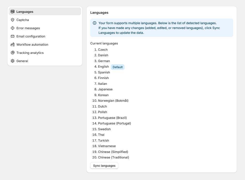 Current store languages list