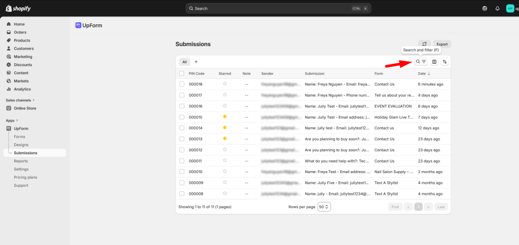 Submission search by PIN or sender