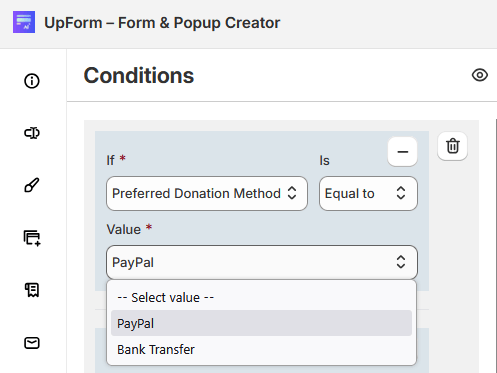 Condition Is operator and Value fields