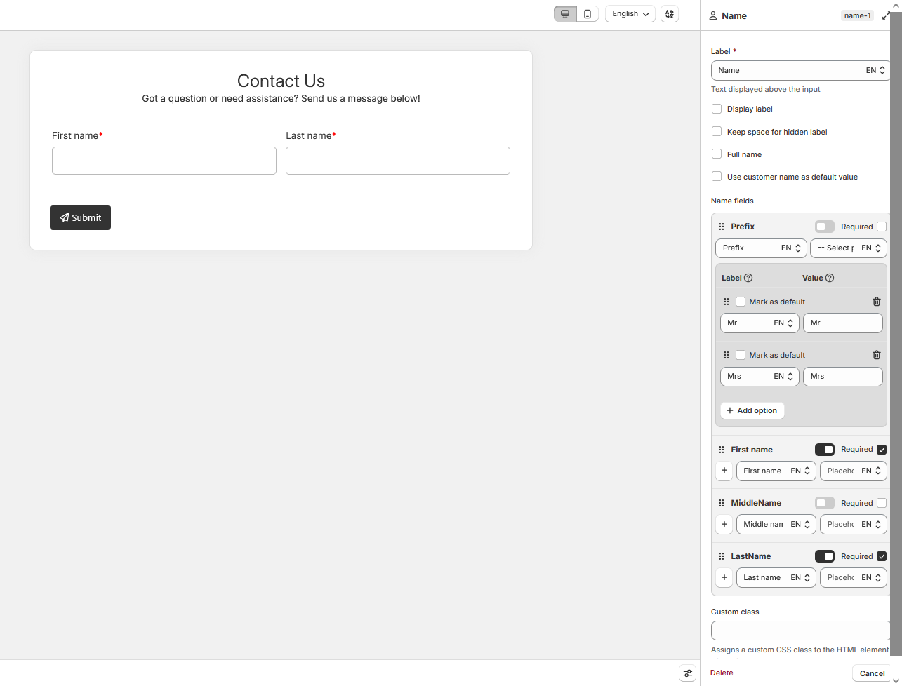 Name field settings