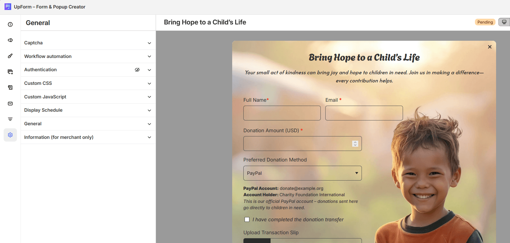 General tab form settings overview