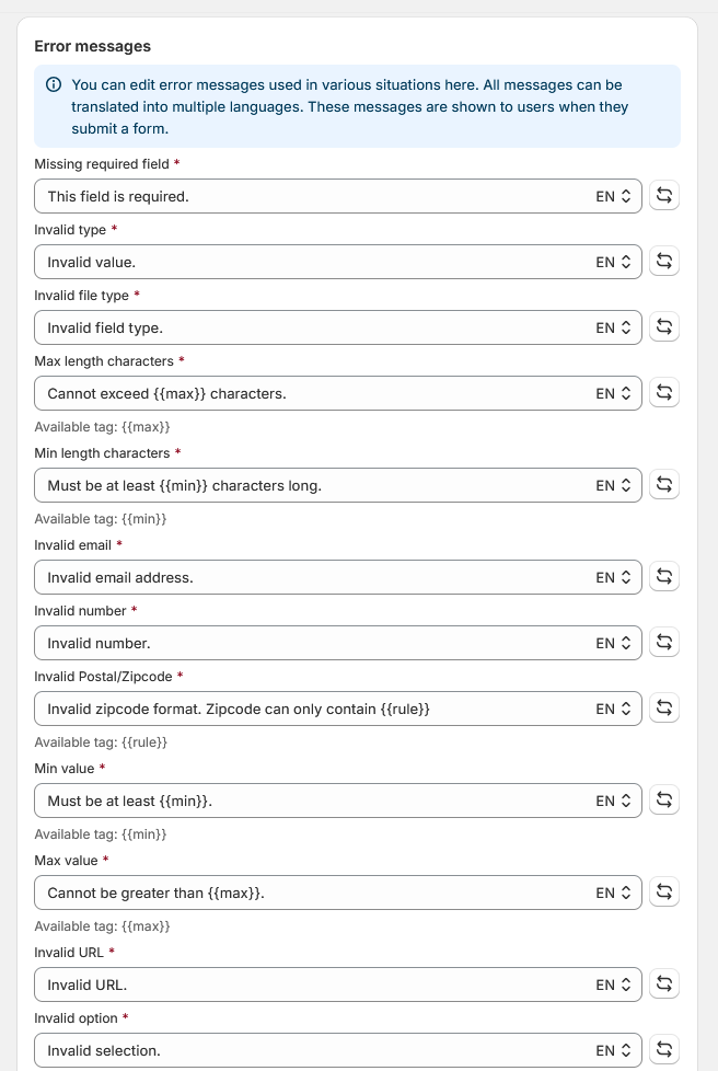 Error message customization fields