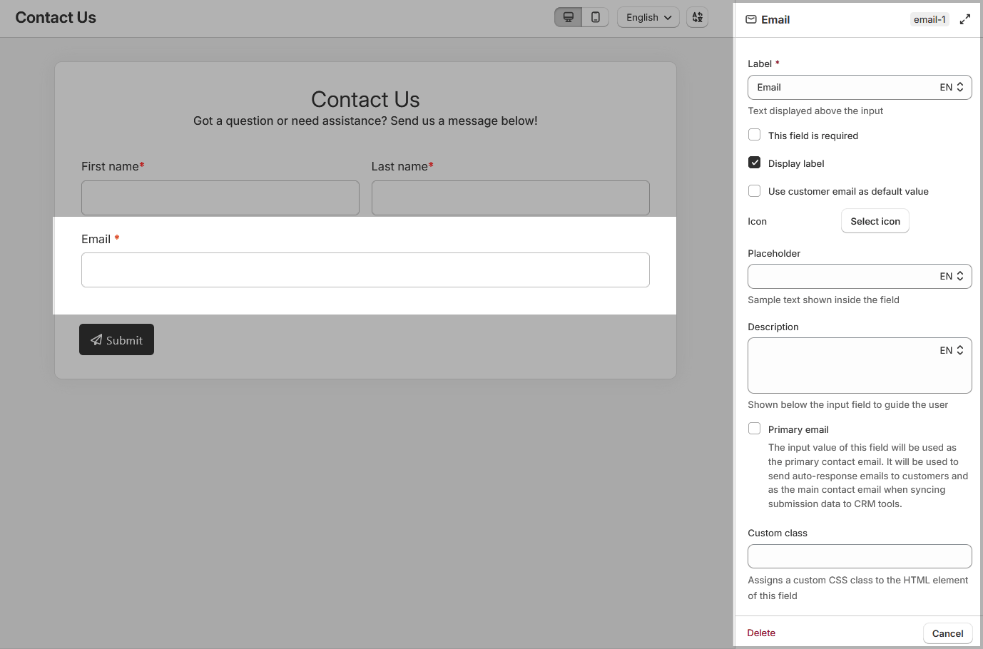 Email field settings