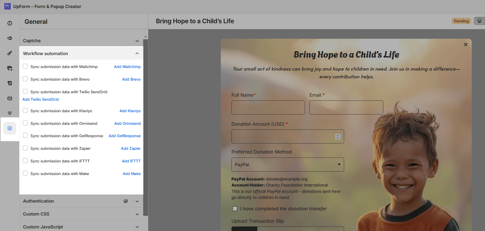 Form workflow automation settings