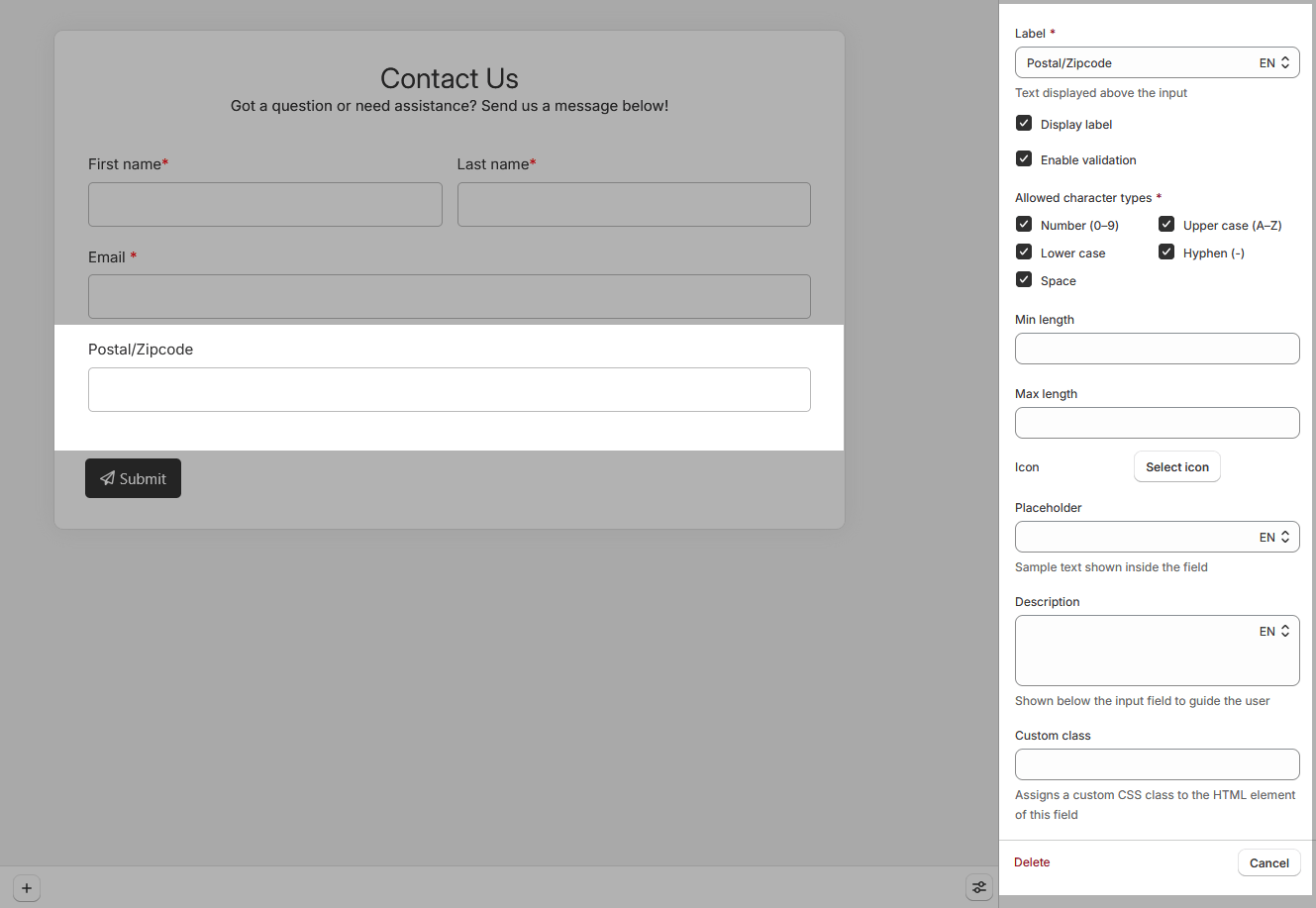 Postal or ZIP code field settings