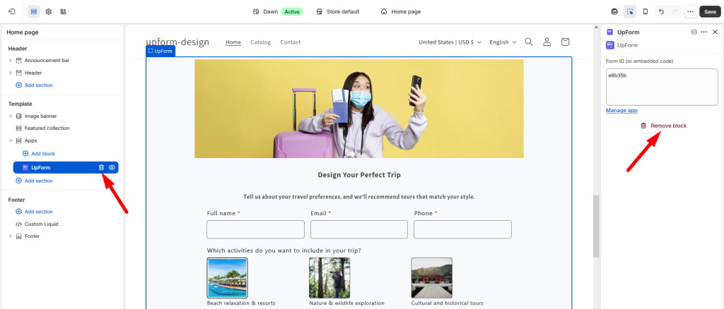 Remove UpForm section from theme editor
