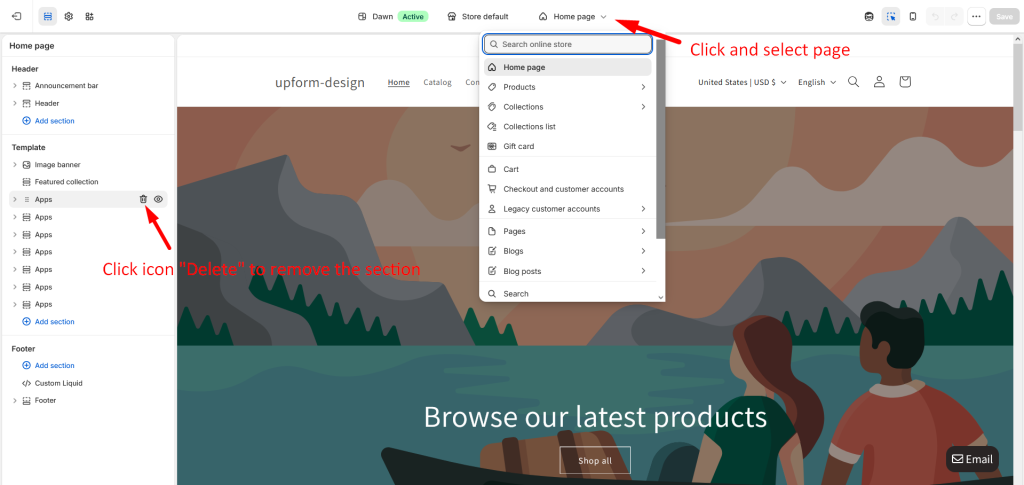 Theme editor page or template selector