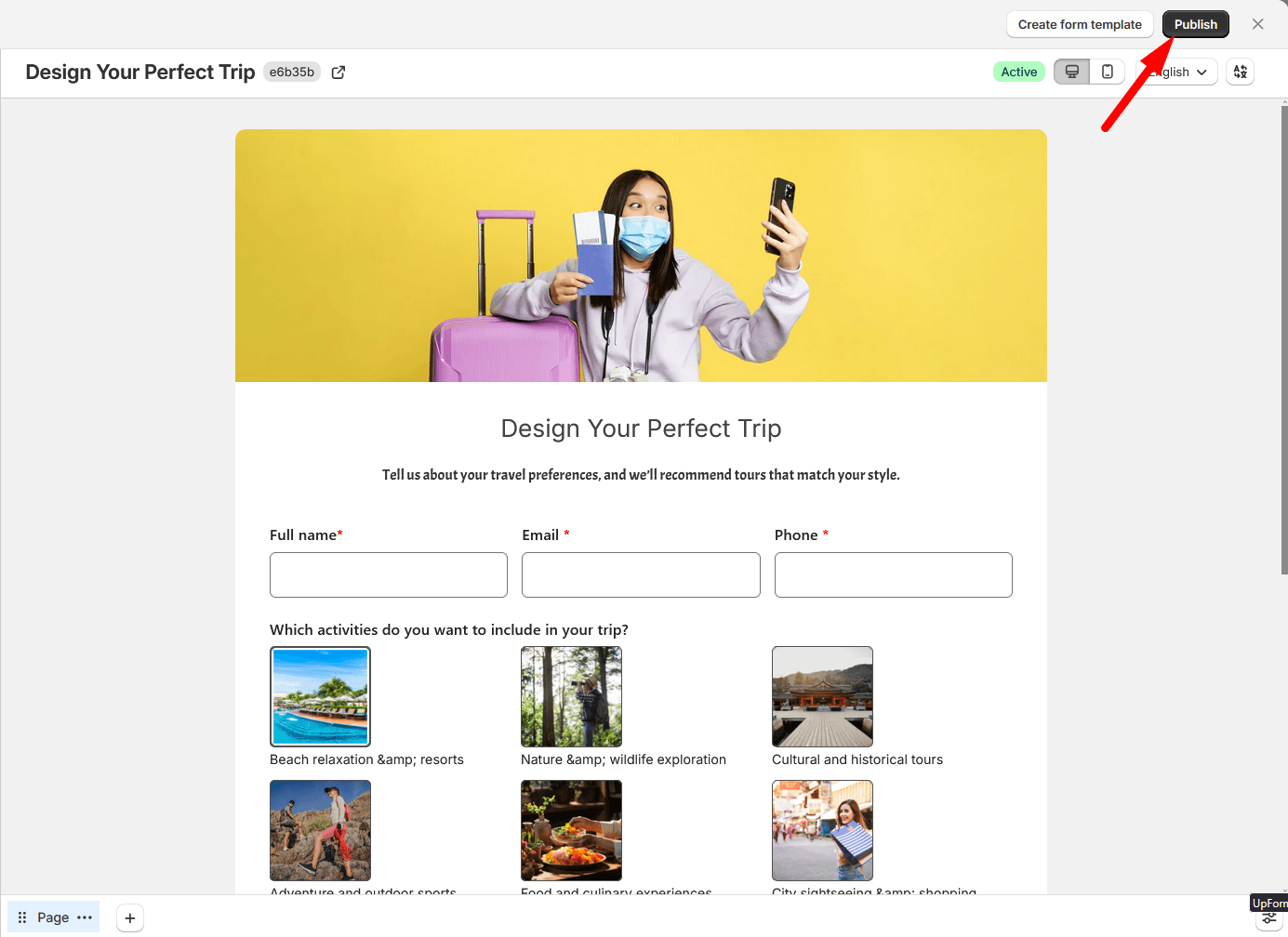 Publish form modal page type selection