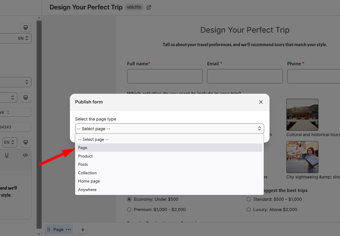 Publish form choose new or existing page