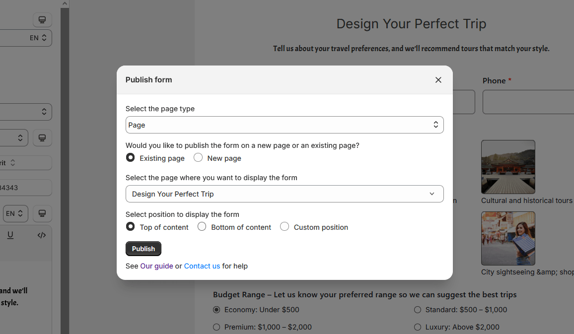 Select page and form display position