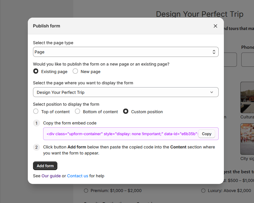Custom position form embed code