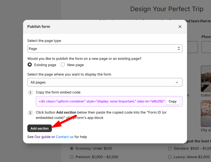 Publish form to all pages embed options