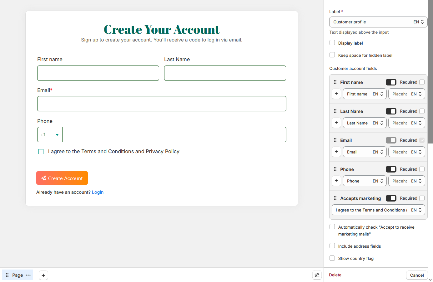 Customer profile field settings