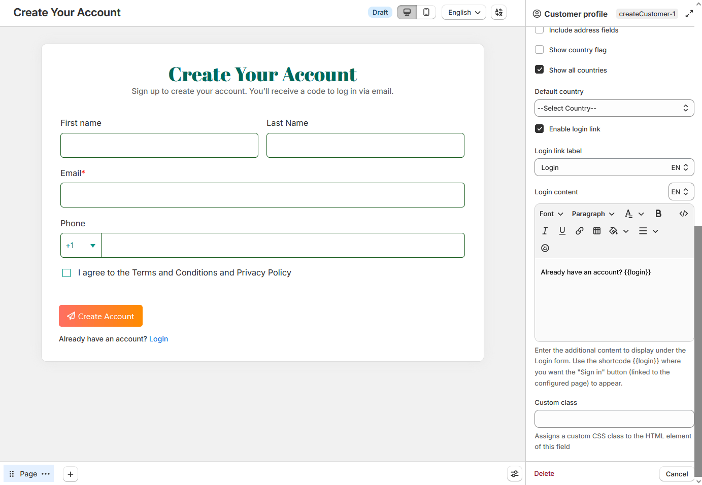 Customer profile sign-up options
