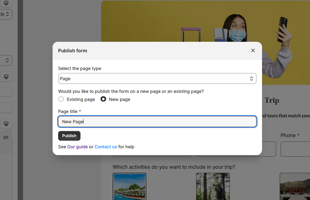 Publish form to a new page