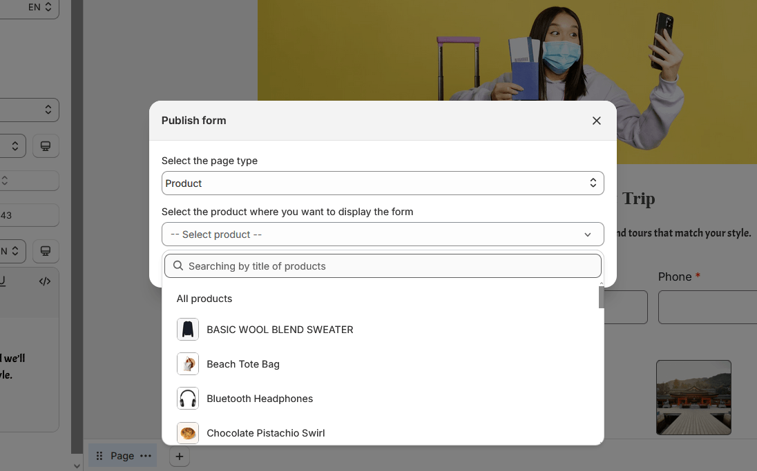 Publish form modal product page type