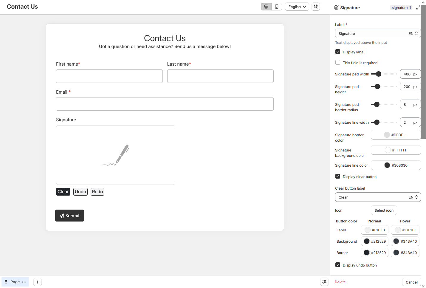 Signature field pad settings
