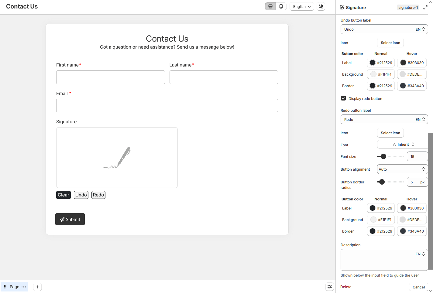 Signature field button controls