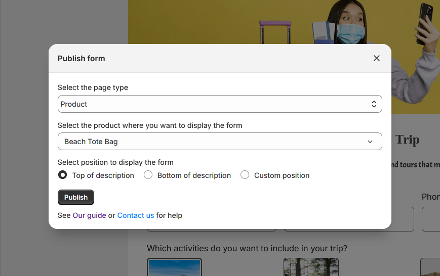 Select product and form display position