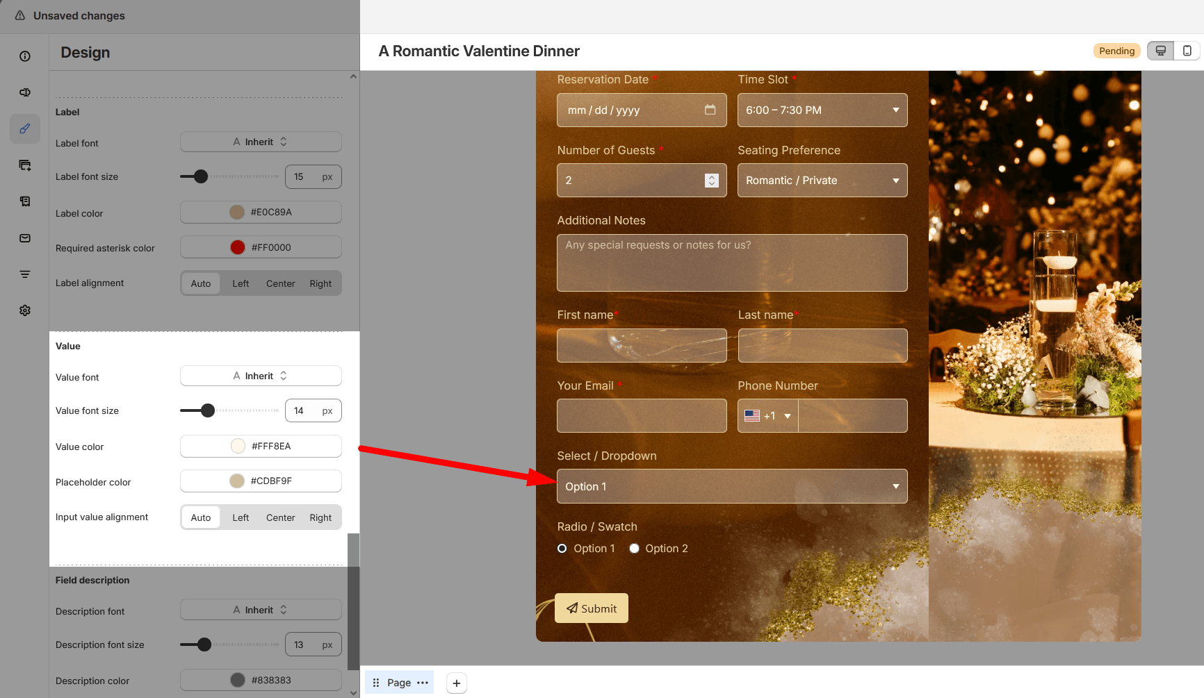 Dropdown value style example