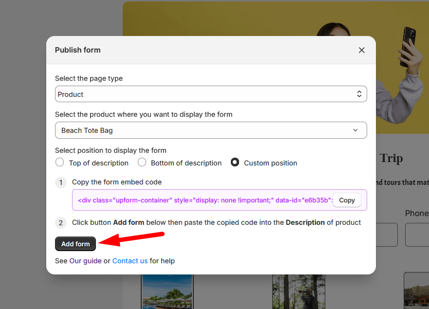 Custom position product form embed code