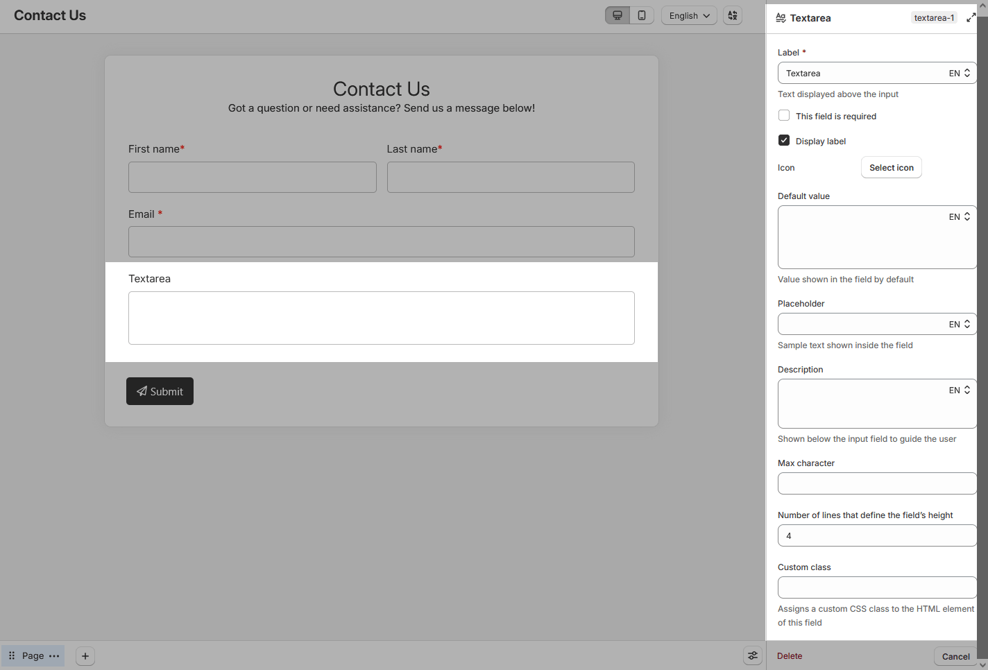 Textarea field settings
