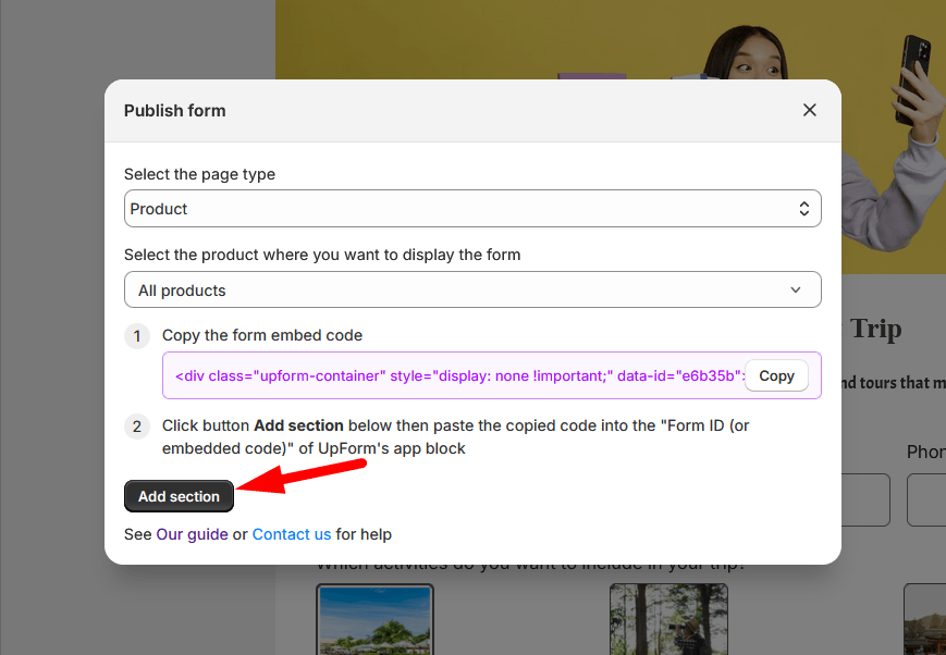 Publish form to all products embed options