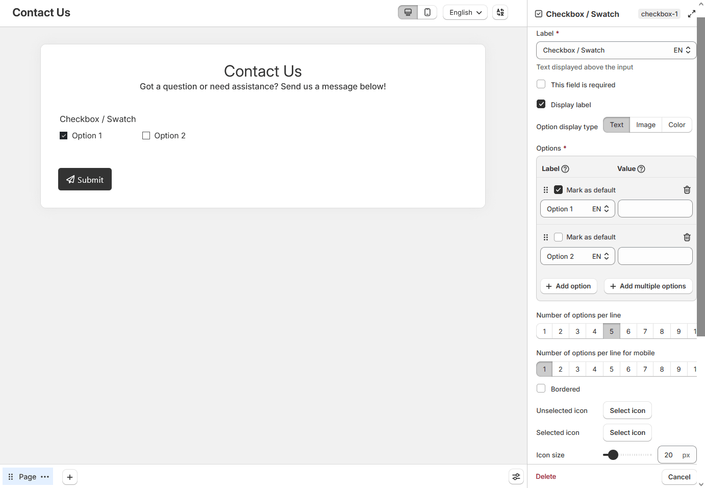 Checkbox or swatch field settings