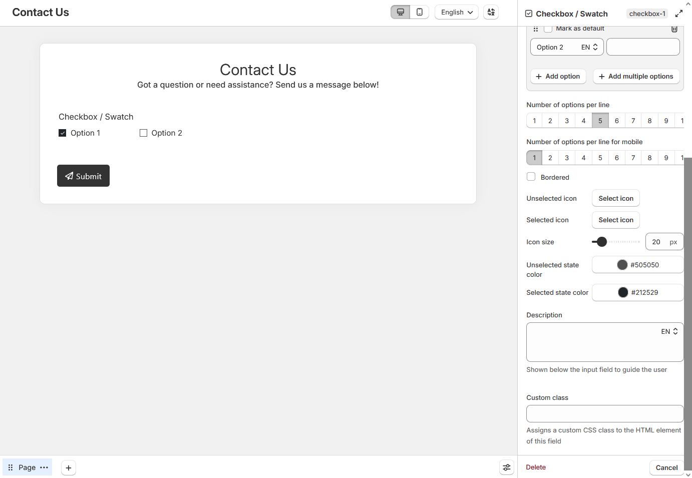 Checkbox or swatch display options