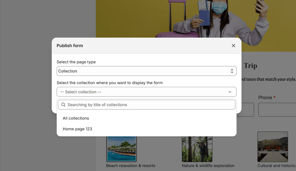 Publish form modal collection page type