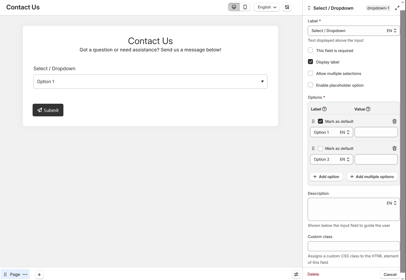 Select or dropdown field settings