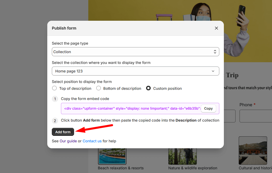 Custom position collection form embed code