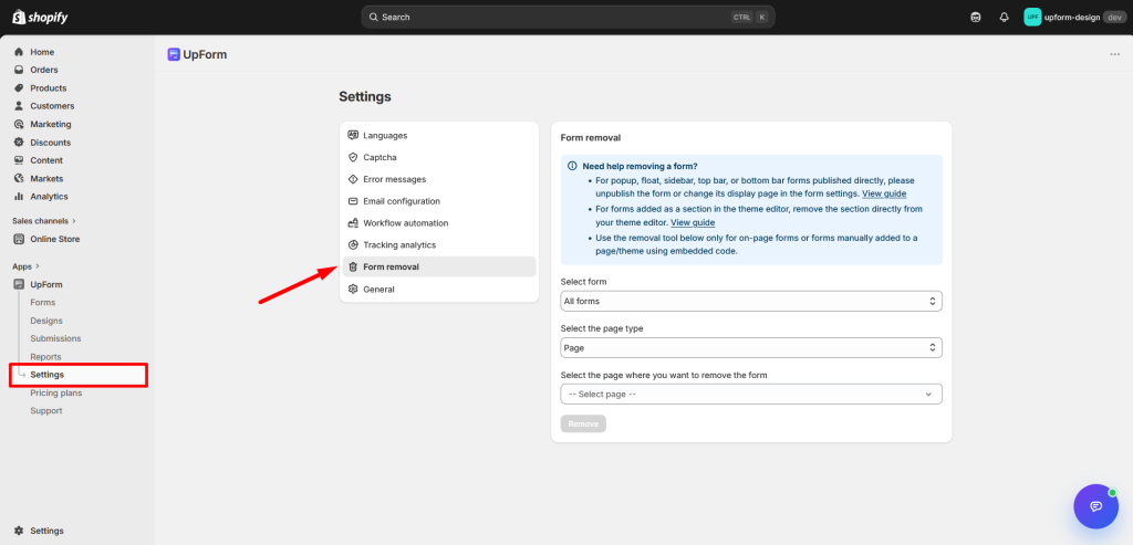 Form removal settings page