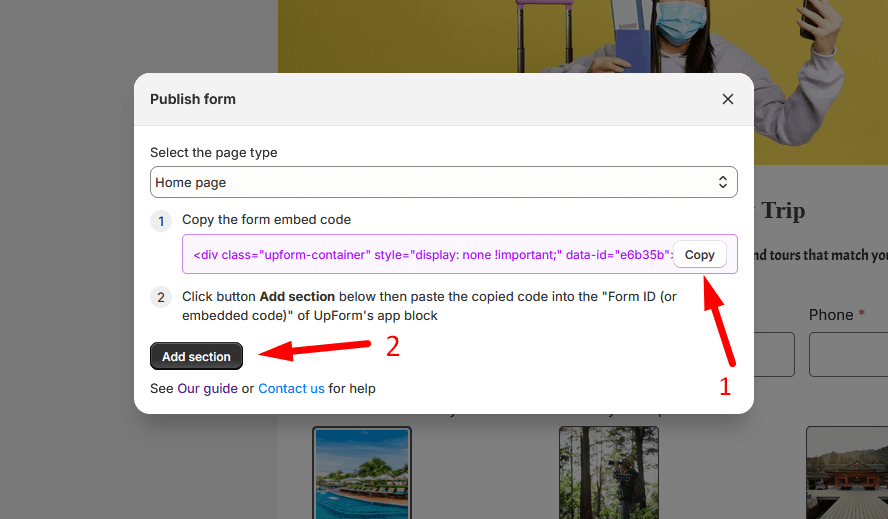 Publish form modal homepage embed code