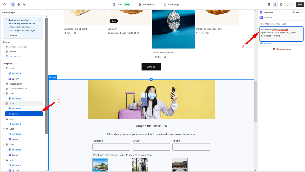 Homepage theme editor UpForm section