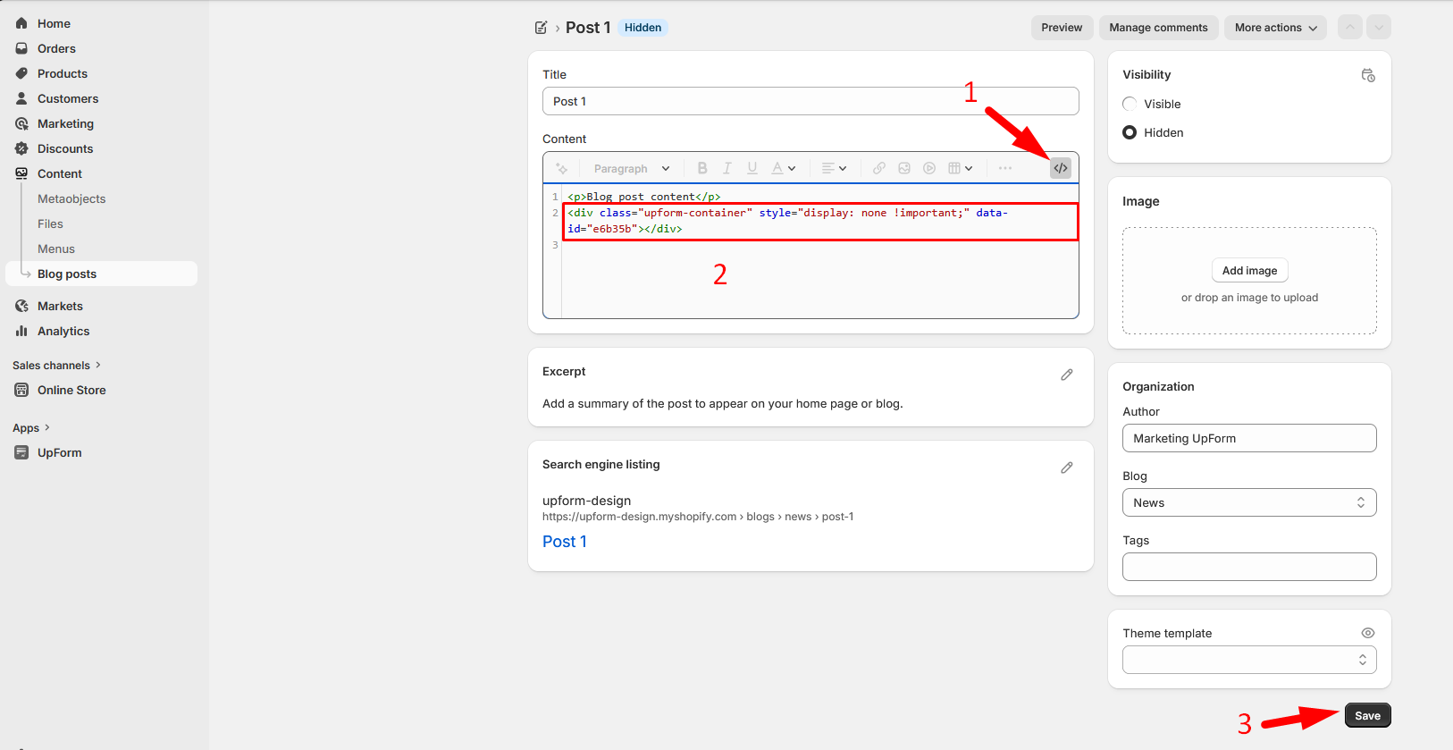 Blog post HTML editor with form embed