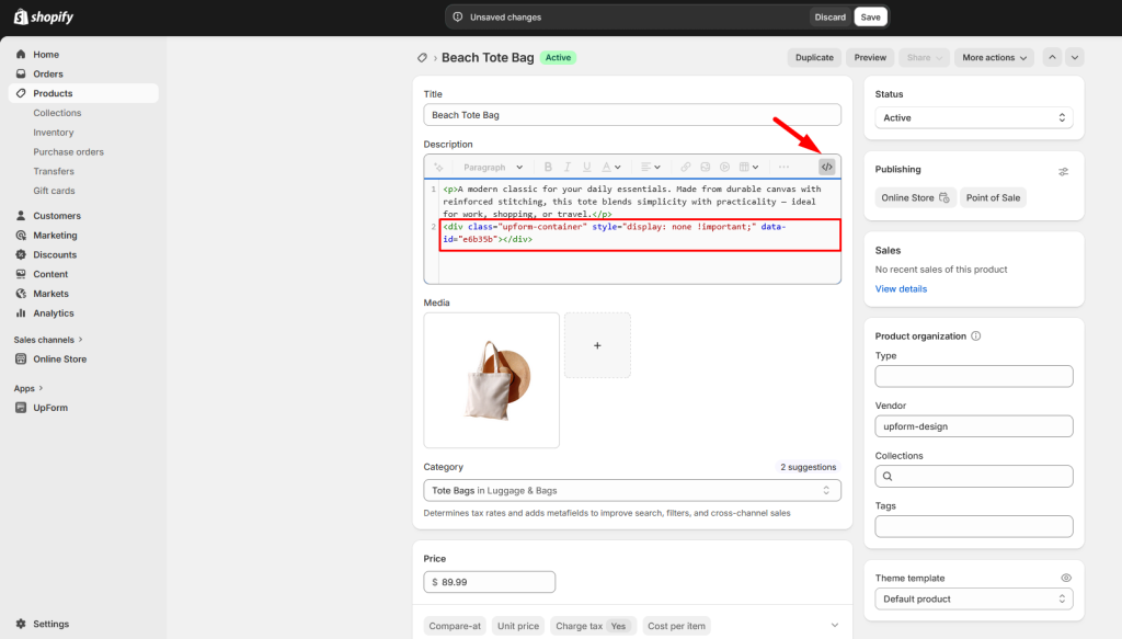 Product editor with pasted form embed