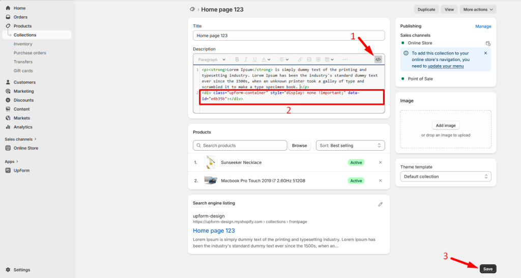Collection editor with pasted form embed