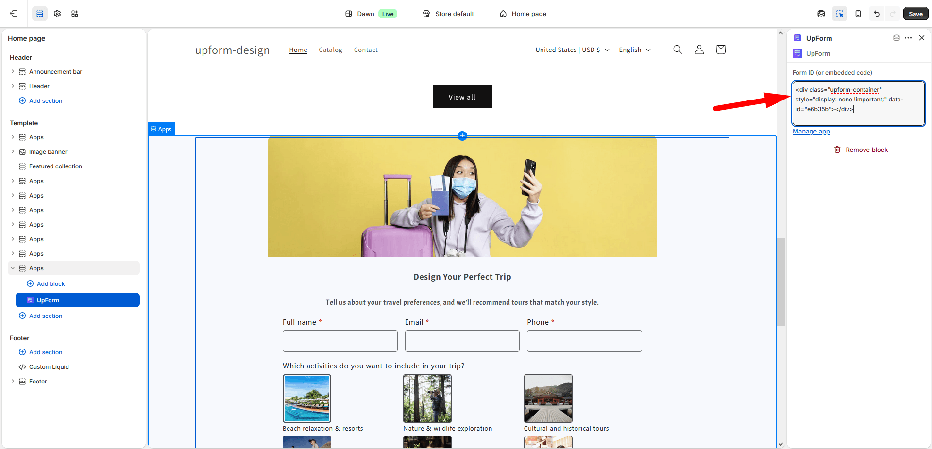Theme editor UpForm section placement