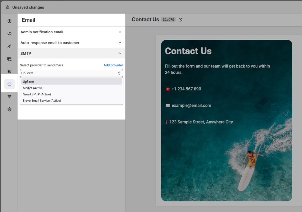 Form email SMTP provider selection