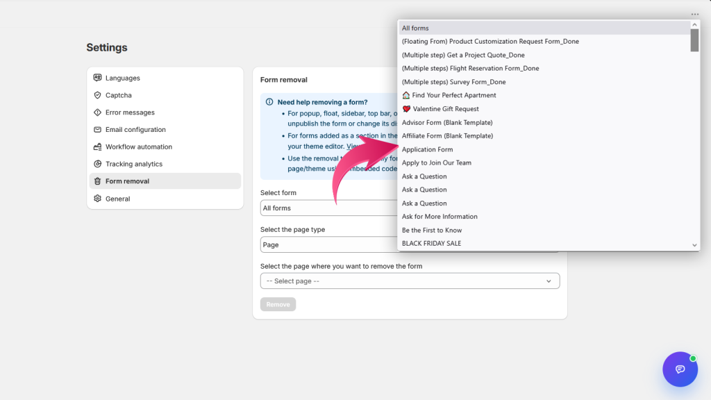 Select form for embed removal