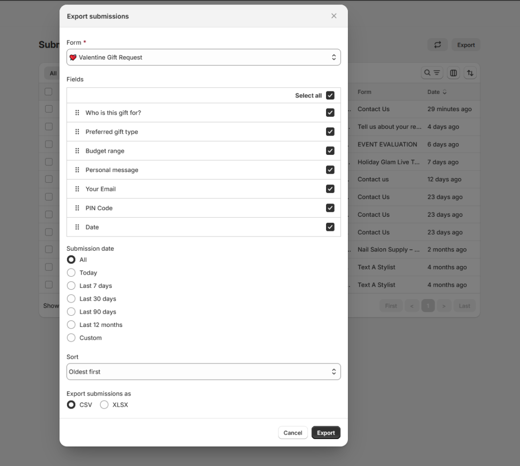 Export submissions options dialog
