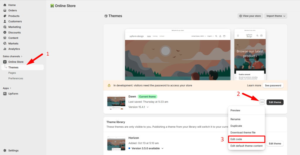 Theme code editor with form embed