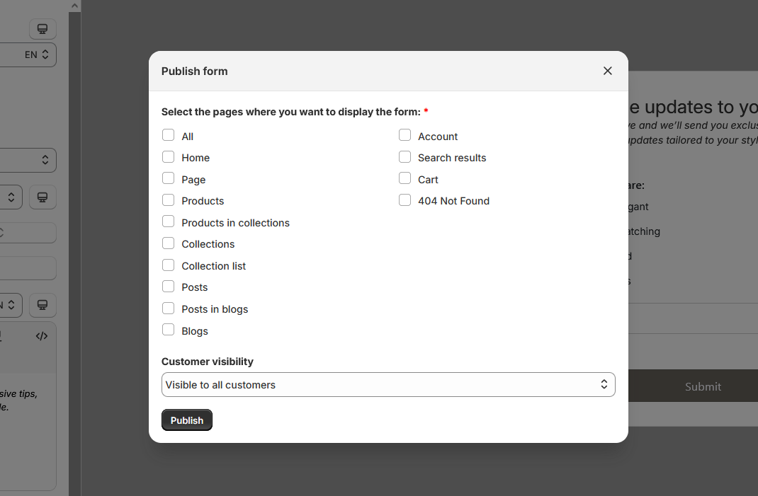 Popup form publish locations and visibility
